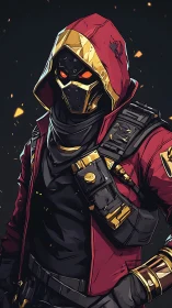 Hooded cybernetic rogue with gold-trimmed mask and armor plating
