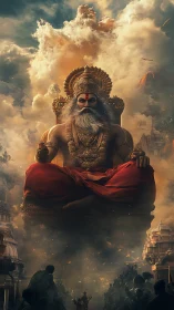 Divine sage seated in storm-lit heavens above a reverent crowd