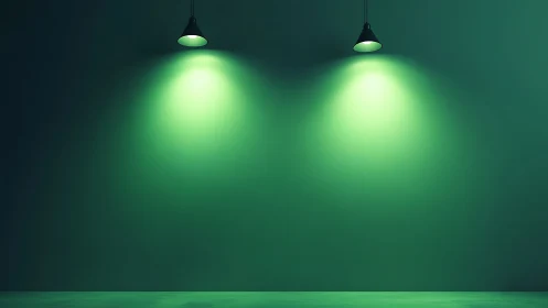 Green wall with two pendant spotlights illuminated.