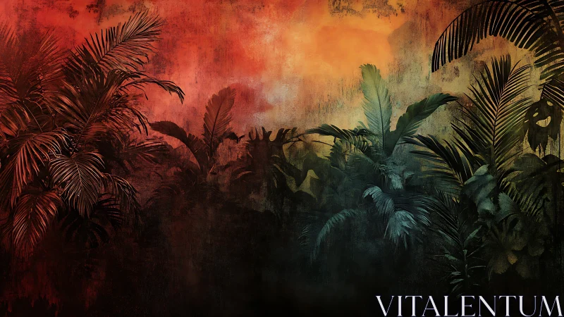Moody tropical foliage against intense red sunset sky.