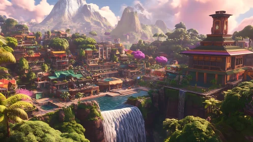 Sunlit cliffside city hums above bright waterfalls and peaks