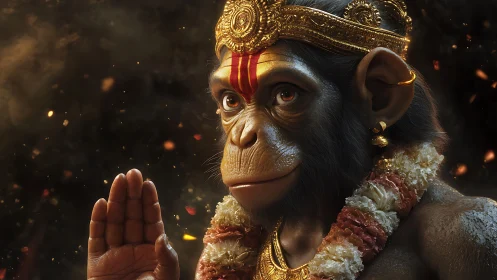 Photoreal 3D monkey deity portrait with gold crown and garlands