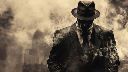 Shadowed detective in smoky noir cityscape evokes tension