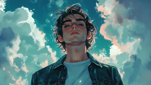 Low-angle atmospheric portrait with luminous cloudscape framing.