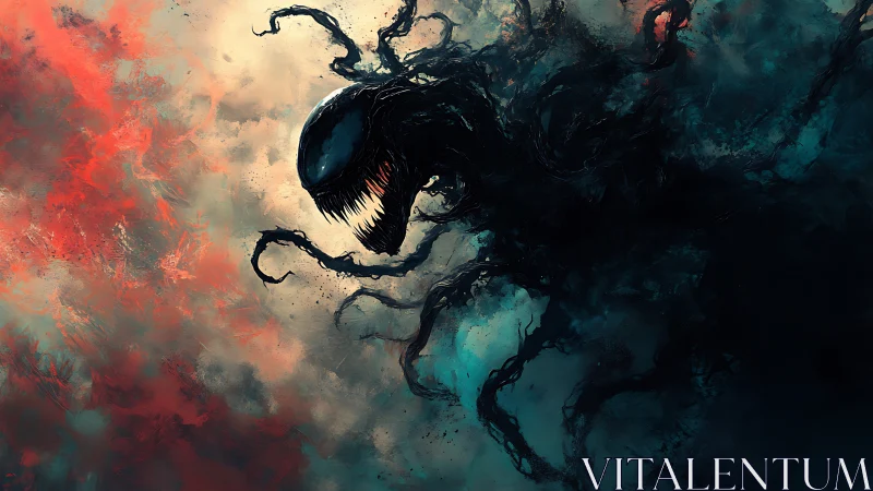 Dark alien creature with tendrils in abstract mist.