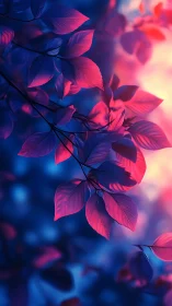 Digital branch with magenta leaves on blue blurred background.