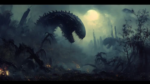 Moonlit biomechanical leviathans loom over a haunted valley