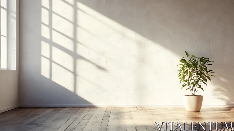 Minimalist room with potted plant and morning window light.