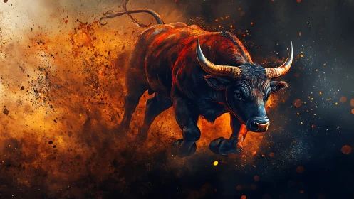 Digital rendering shows a charging bull amid dispersed particles