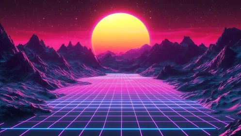Neon grid landscape with stylized sun over dark mountains.