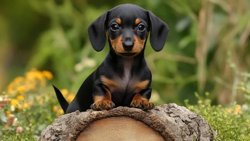 Black and tan dachshund puppy on cut log in garden setting.