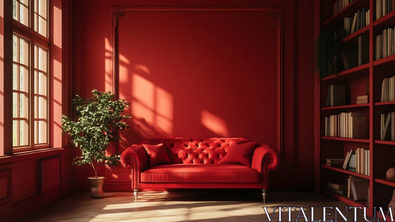 Red velvet sofa anchors sunlit monochrome reading room.