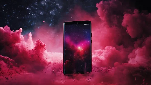 Smartphone Surrounded by Cosmic Pink Clouds and Stars.