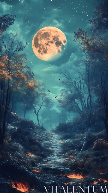 Moonlit embers carve a ghostly trail through midnight forest