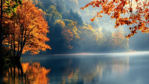 Golden autumn forest glows beside a misty reflective lake.
