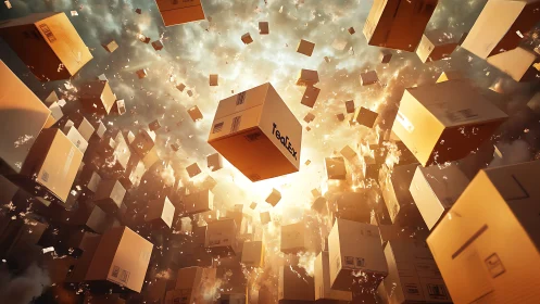 Volumetric-lit shipping boxes converge in dynamic radial explosion
