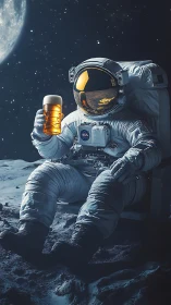 Astronaut in lunar environment holds illuminated drink glass