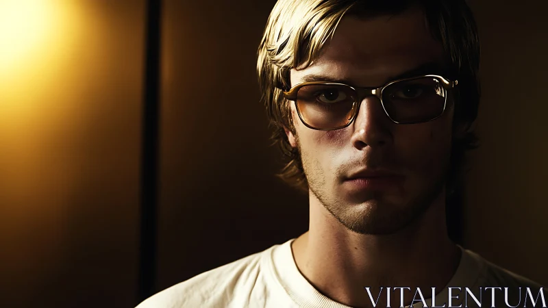 Moody low key portrait with asymmetric warm backlighting and glare