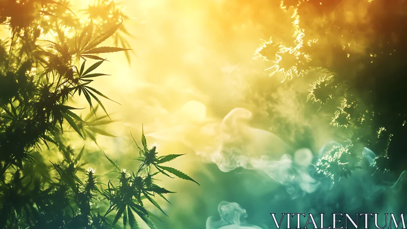 Sunlit herb leaves drifting through dreamy golden mist.