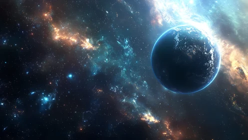 Planetary silhouette against luminous galactic nebula field.