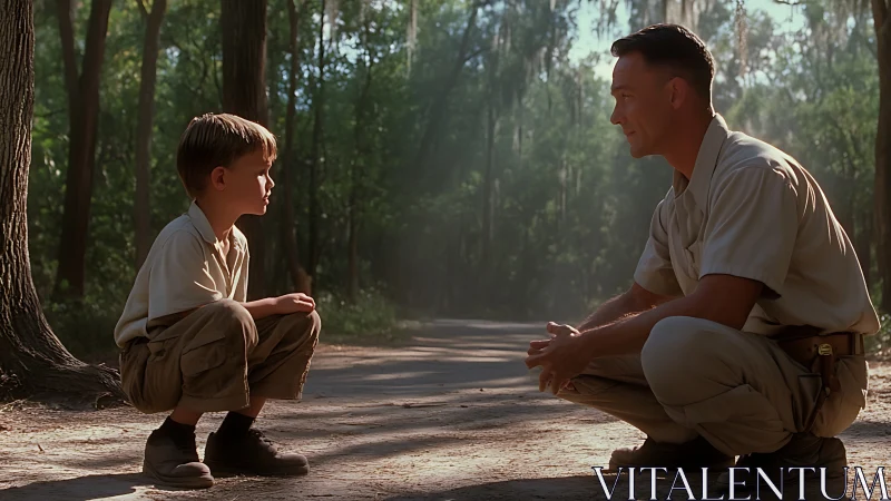 Father and son share quiet moment on sunlit forest road.