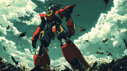 Giant red mecha stands amid debris under turbulent clouds