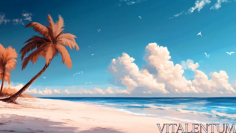 Tropical Beach Paradise: Palm-Lined Shore Under Clear Sky.