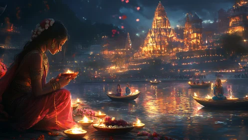 Ritual riverbank at night renders layered bokeh temple lights