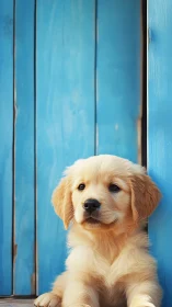 Golden puppy lounging by bright blue wooden fence.