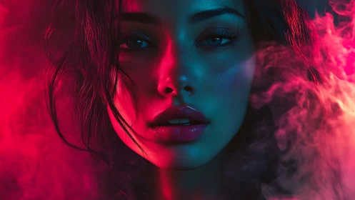 Digital portrait shows female face lit by contrasting neon haze
