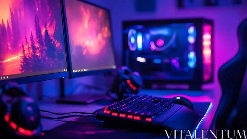 Neon gaming command center glowing in cyberdream colors.