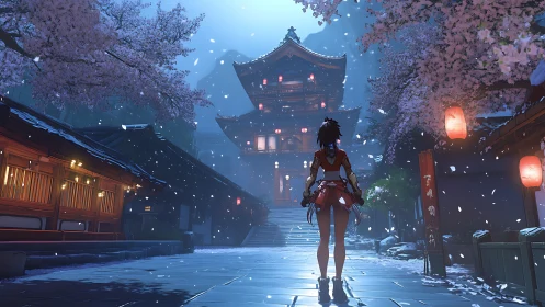 Backlit shrine courtyard frames lone anime warrior under snowfall