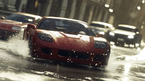 Red street racer skims rainy asphalt in cinematic blur.