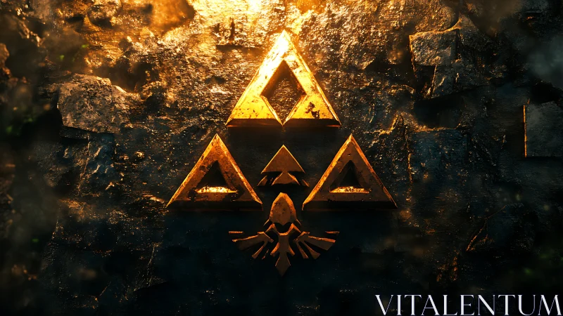 Golden triangular crest glows over dark stone wall.