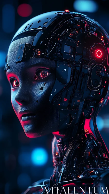 High-detail cybernetic humanoid portrait with neon bokeh lighting
