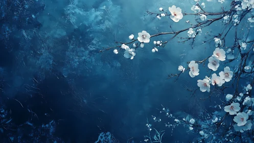 White Blossoms Dance Through Deep Blue Dream.