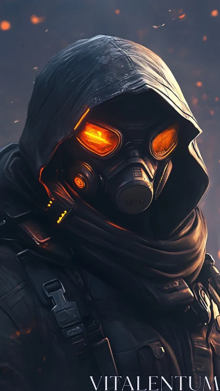 Hooded wasteland wanderer with glowing ember eyes stands poised.