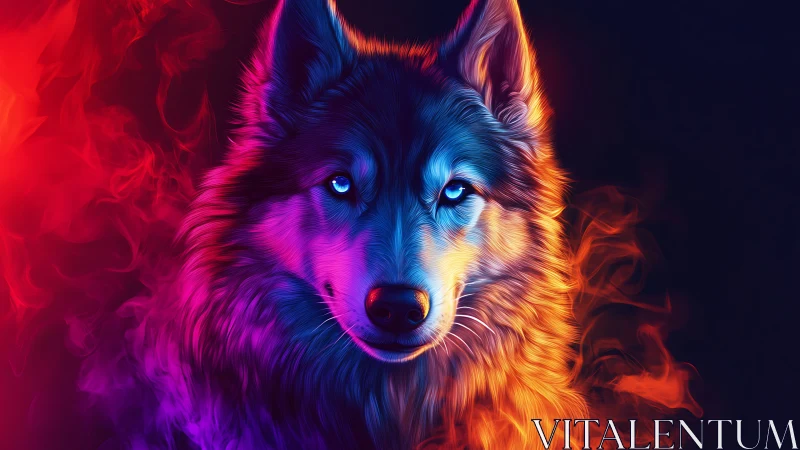 Bicolor neon-lit wolf portrait with contrasting smoke fields.