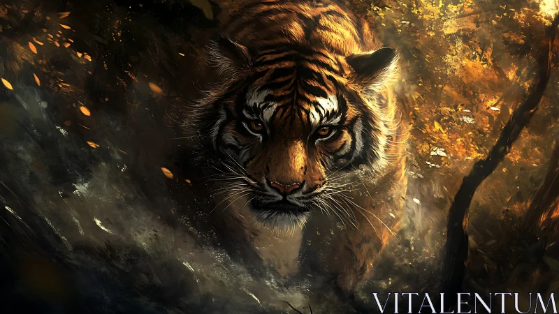 Low-angle stalking tiger rendered in high-contrast digital brushwork