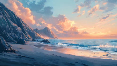 Digital painting seascape with sunset-lit cliffs in perspective.