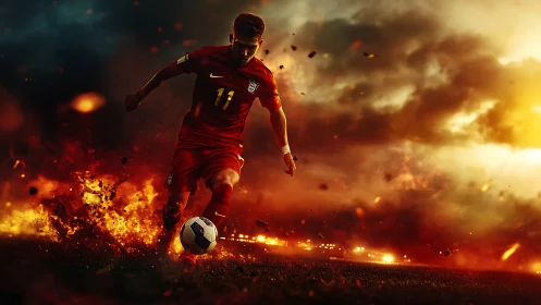 Explosive soccer striker in dynamic motion across fiery pitch