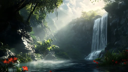 Whispering waterfall grove drenched in silver morning light.