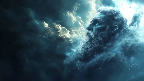 Atmospheric deity profile emerging from volumetric nebulae.