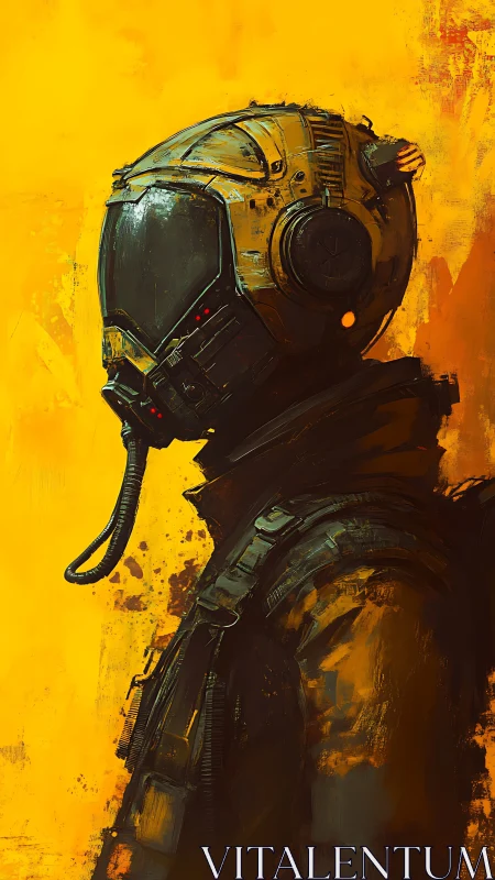 Helmeted drifter listens for distant worlds in neon dusk