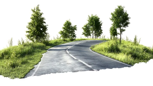 Curving country road winds through bright green hillside meadow.