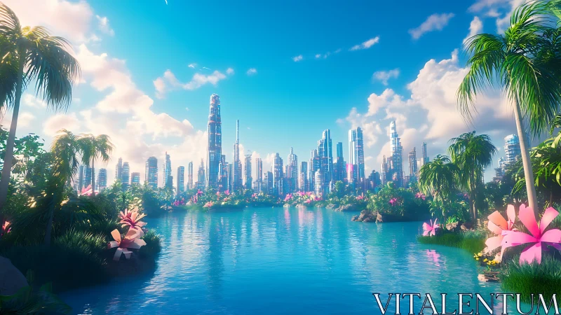 Futuristic tropical skyline rises beyond reflective lagoon waters