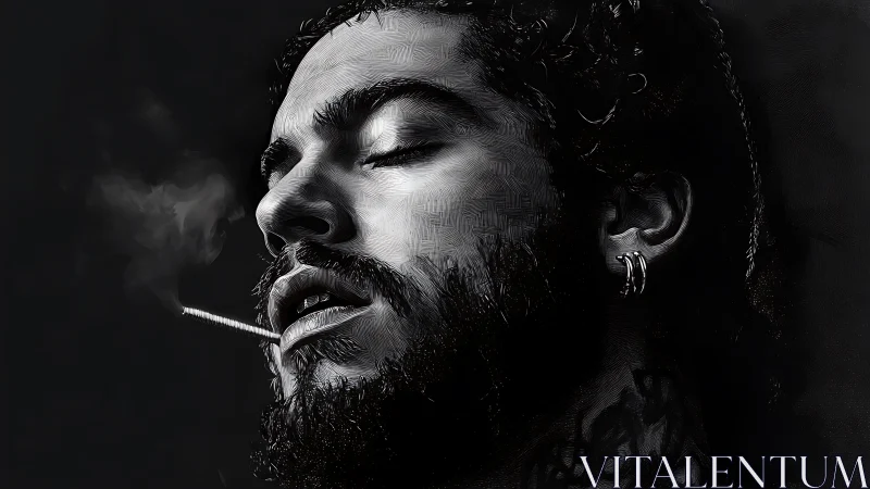 Monochrome portrait of bearded smoker in dramatic chiaroscuro.