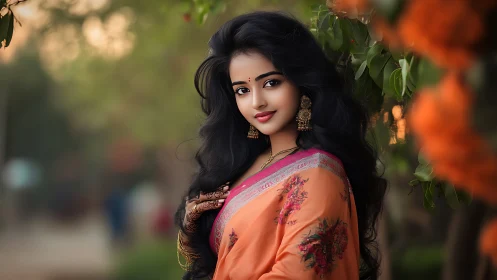 Elegant woman in orange saree with floral designs, outdoor portrait.
