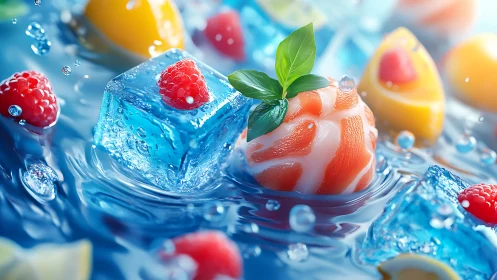 Hyperreal fruit, ice and salmon sphere in dynamic aquatic motion