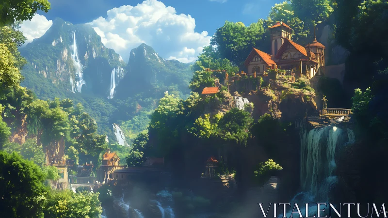 Mountain waterfall retreat with terraced fantasy villas.